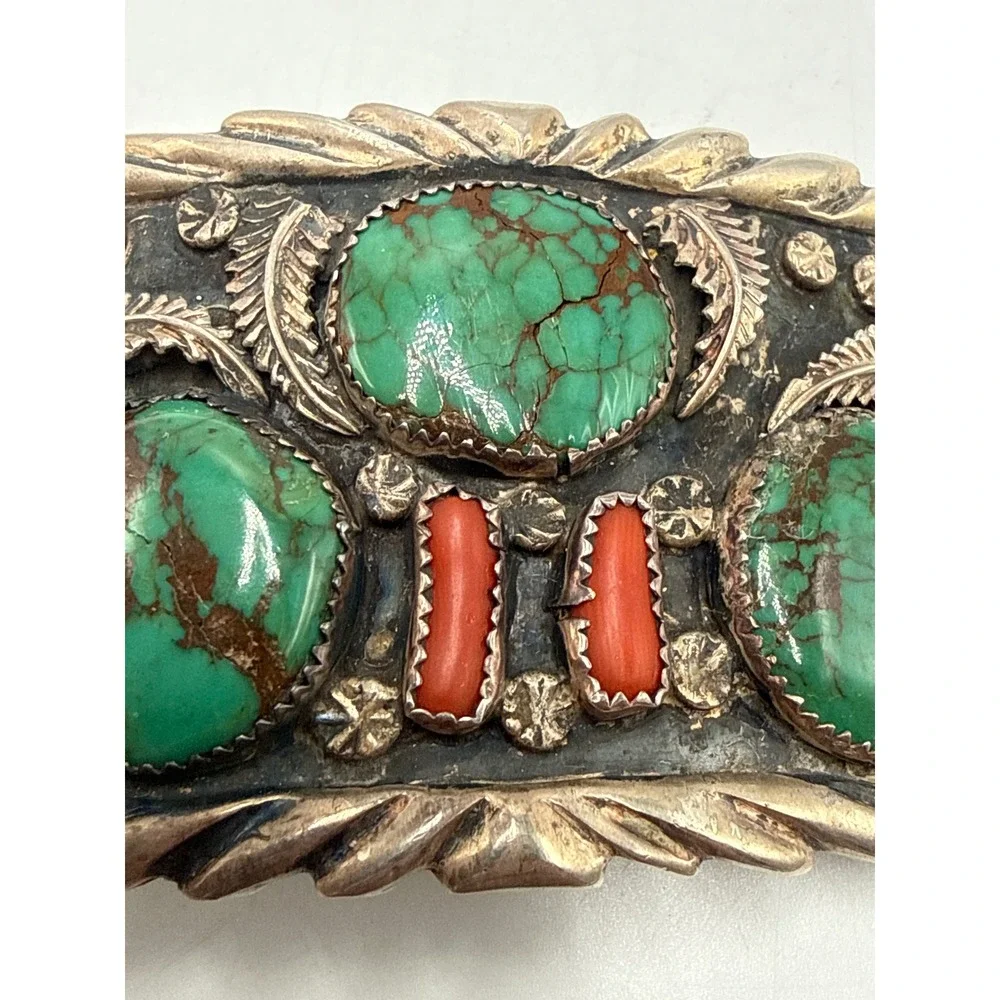 Vintage Sterling  Navajo Style Turquoise Coral Belt Buckle Silver Tone Leaf